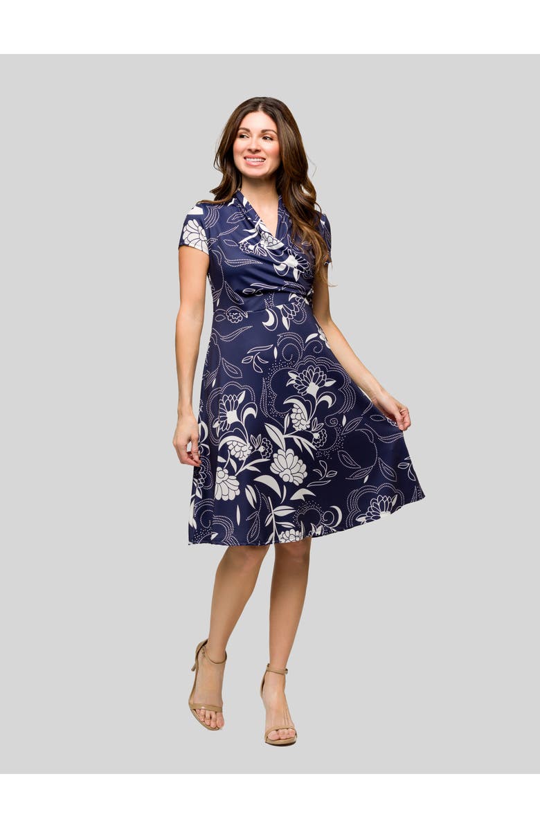 24seven Comfort Apparel Navy Print Short Sleeve Knee Length V-Neck Wrap Dress, Main, color, Navy Multi