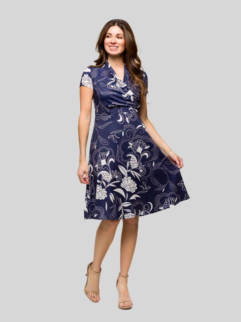 Navy Print Short Sleeve Knee Length V-Neck Wrap Dress