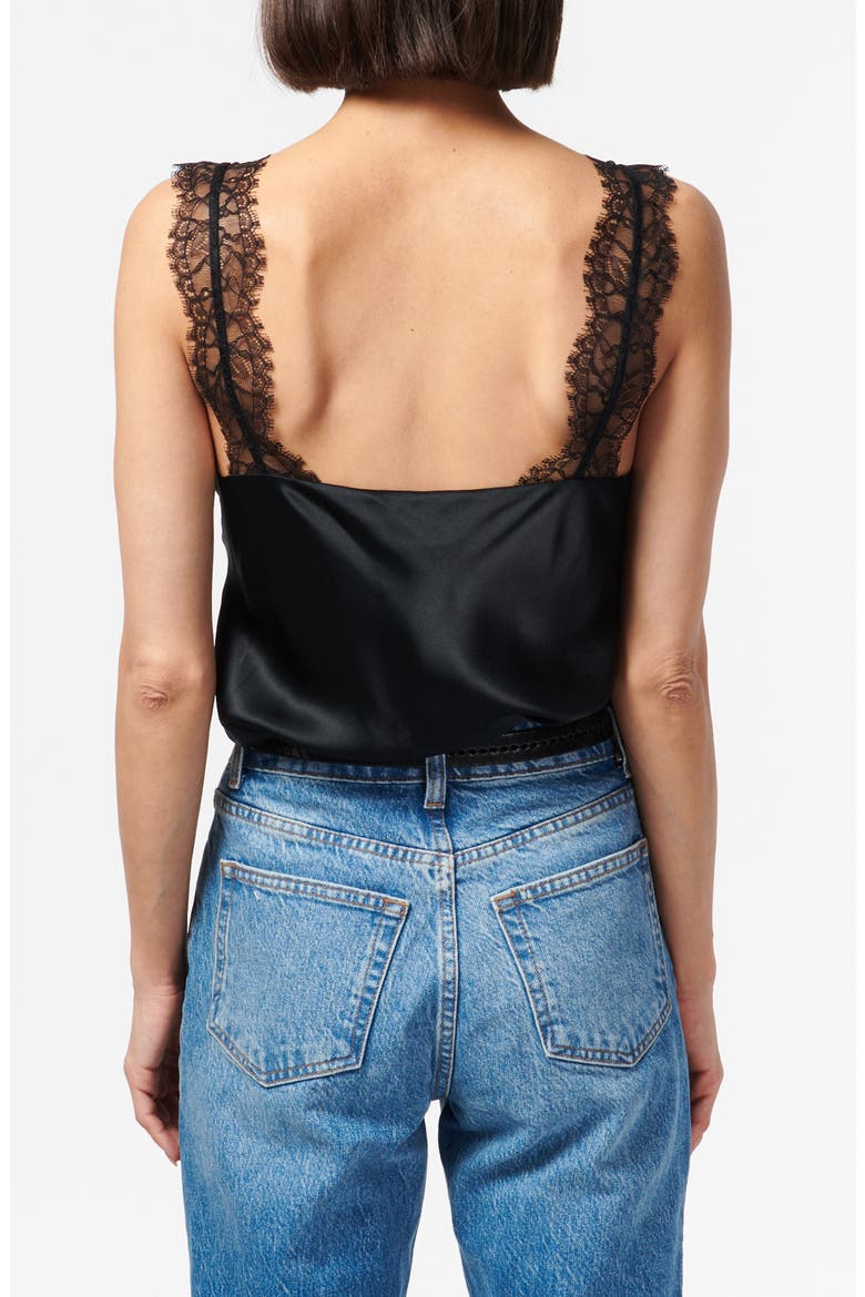 Marlo Lace Trim Silk Charmeuse Tank, Alternate, color, BLACK