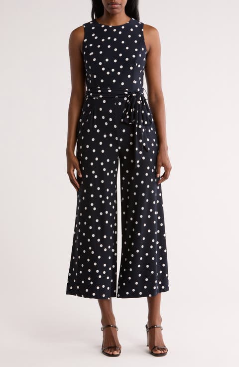 Polka Dot Sleeveless Tie Waist Crop Jumpsuit