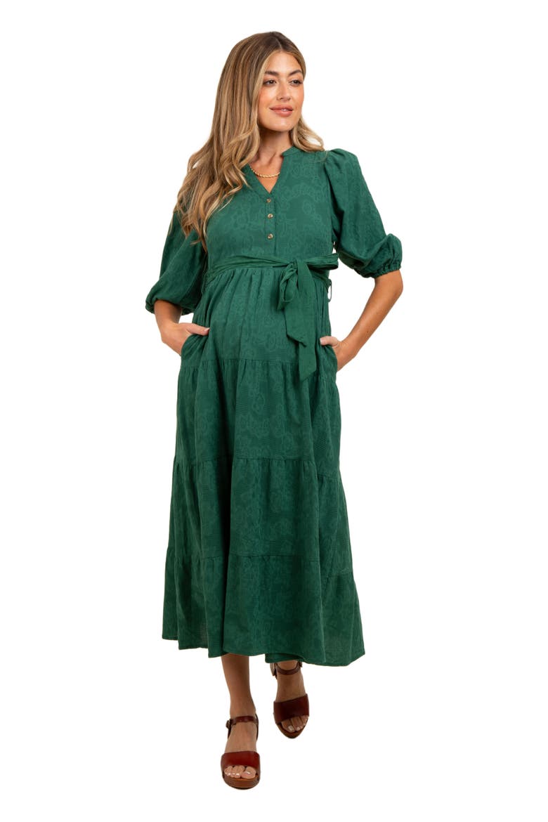 Floral Jacquard Button Front Tiered Dress, Main, color, Forest Green