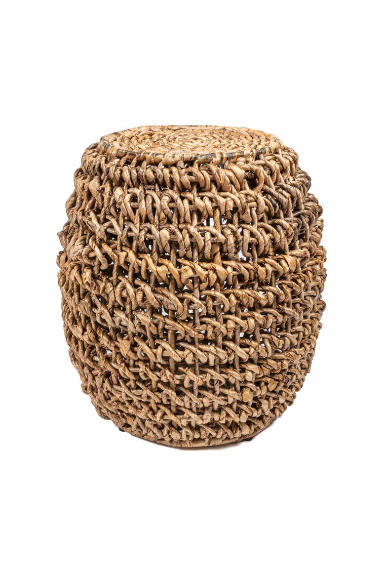 Sage Bohemian Woven Abaca Drum Stool, Barrel Side Table, Chunky Round Accent Footstool & End Table, Main, color, Brown
