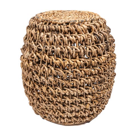 Sage 21" Rustic Bohemian Barrel-Style Abaca/Iron Handwoven Stool