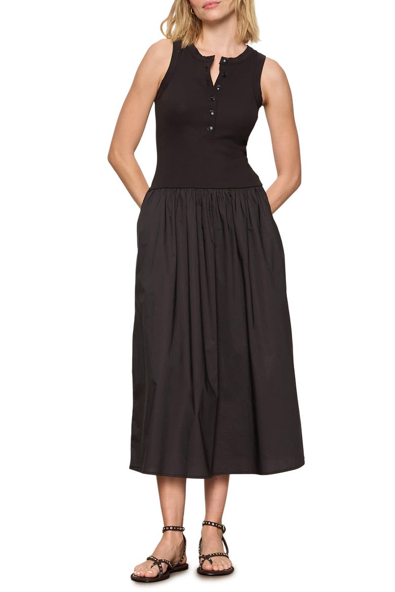Breakaway Mixed Media Cotton Midi Dress, Main, color, BLACK