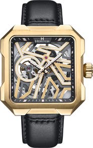 Heritor Automatic Campbell Leather-Band Skeleton Watch