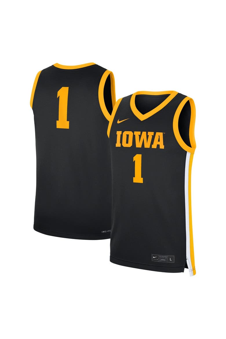 Men's Nike #1 Black Iowa Hawkeyes Road Replica Jersey, Main, color, Black