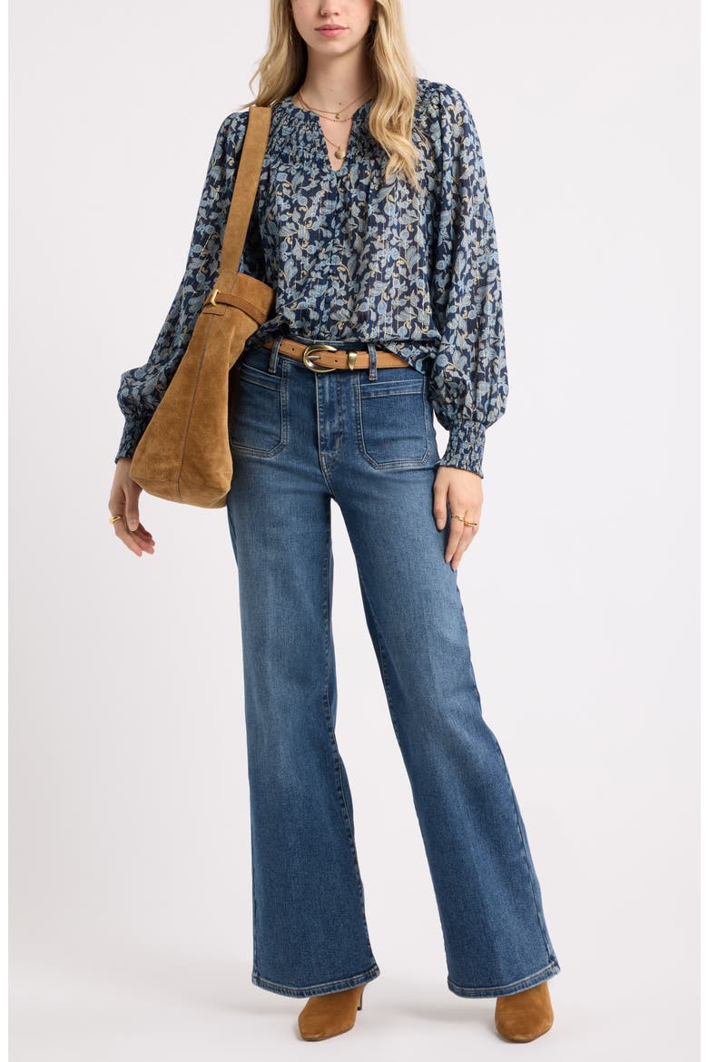 Print Smocked Yoke Button-Up Shirt, Alternate, color, BLUE- IVORY DAINTY PAISLEY