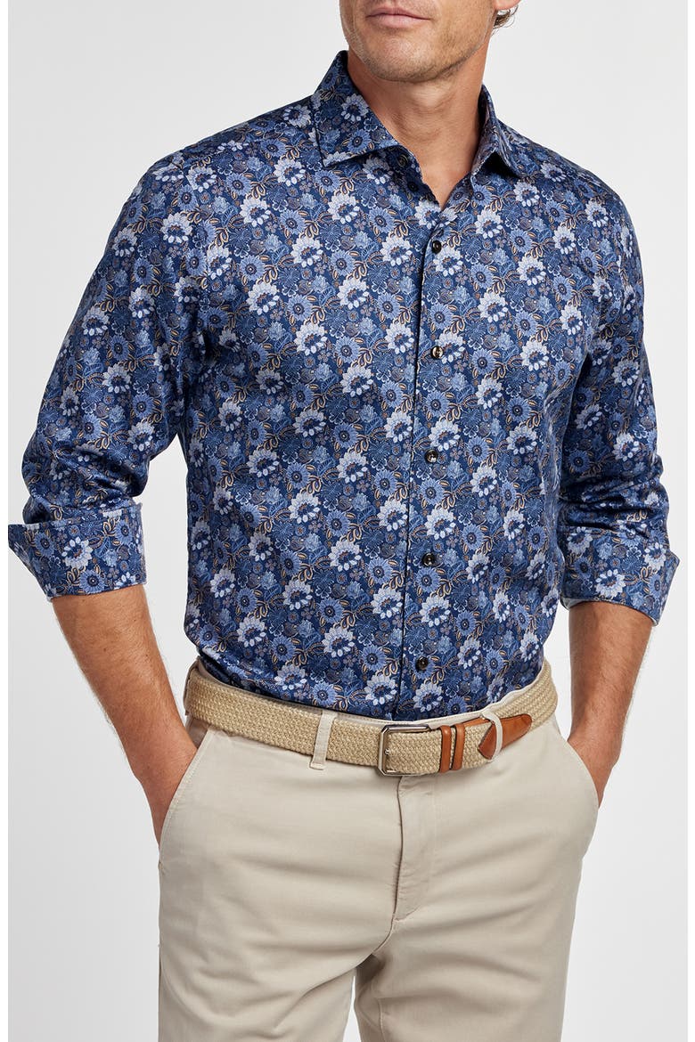 Floral Print Sport Shirt, Alternate, color, NAVY/ BROWN