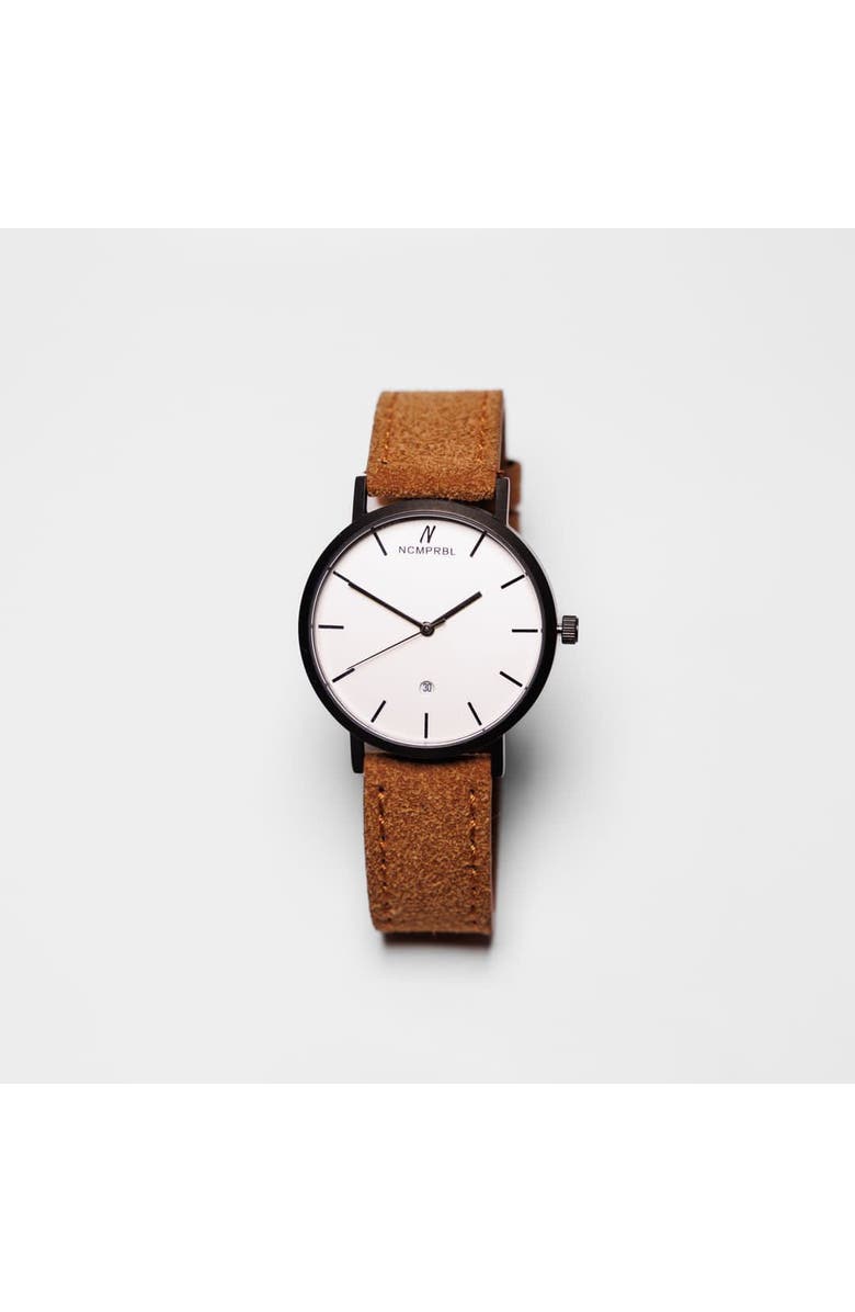 NCMPRBL Iced Coffee Suede Leather Strap Watch, 40MM, Alternate, color, Brown/Eggshell White/Gunmetal