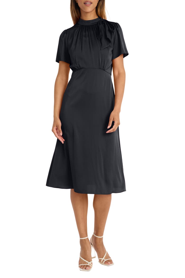 Tie Neck Short Sleeve Charmeuse Midi Dress, Main, color, BLACK