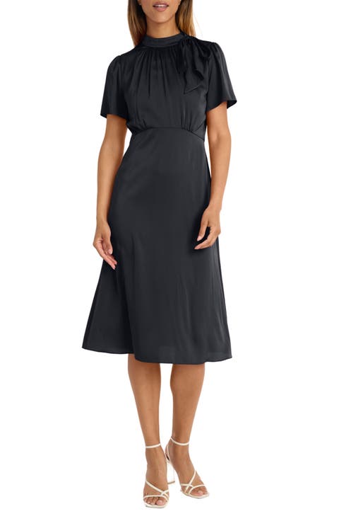 Tie Neck Short Sleeve Charmeuse Midi Dress