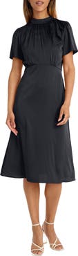Maggy London Tie Neck Short Sleeve Charmeuse Midi Dress
