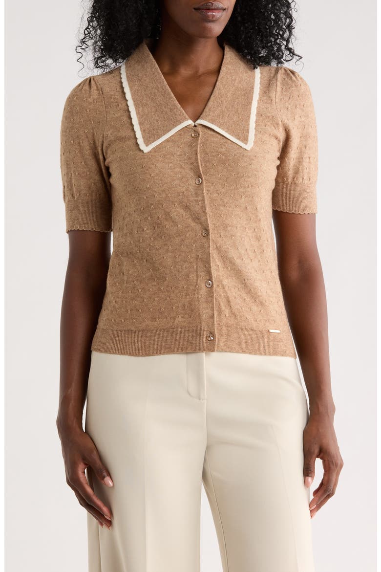 Pointelle Puff Sleeve Cardigan, Main, color, TOBACCO BROWN/ EGRET
