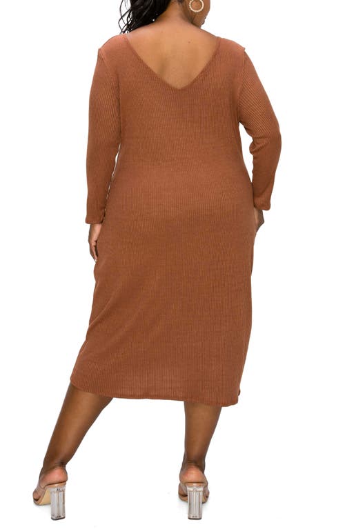 L I V D Scoop Neck Long Sleeves Rib Sweater Midi Dress In Chestnut