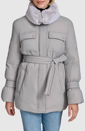 Andrew Marc Laken Faux Fur Trim Belted Puffer Coat In Gray