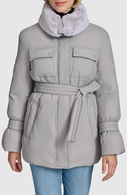 Andrew Marc Laken Faux Fur Trim Belted Puffer Coat in Ash 