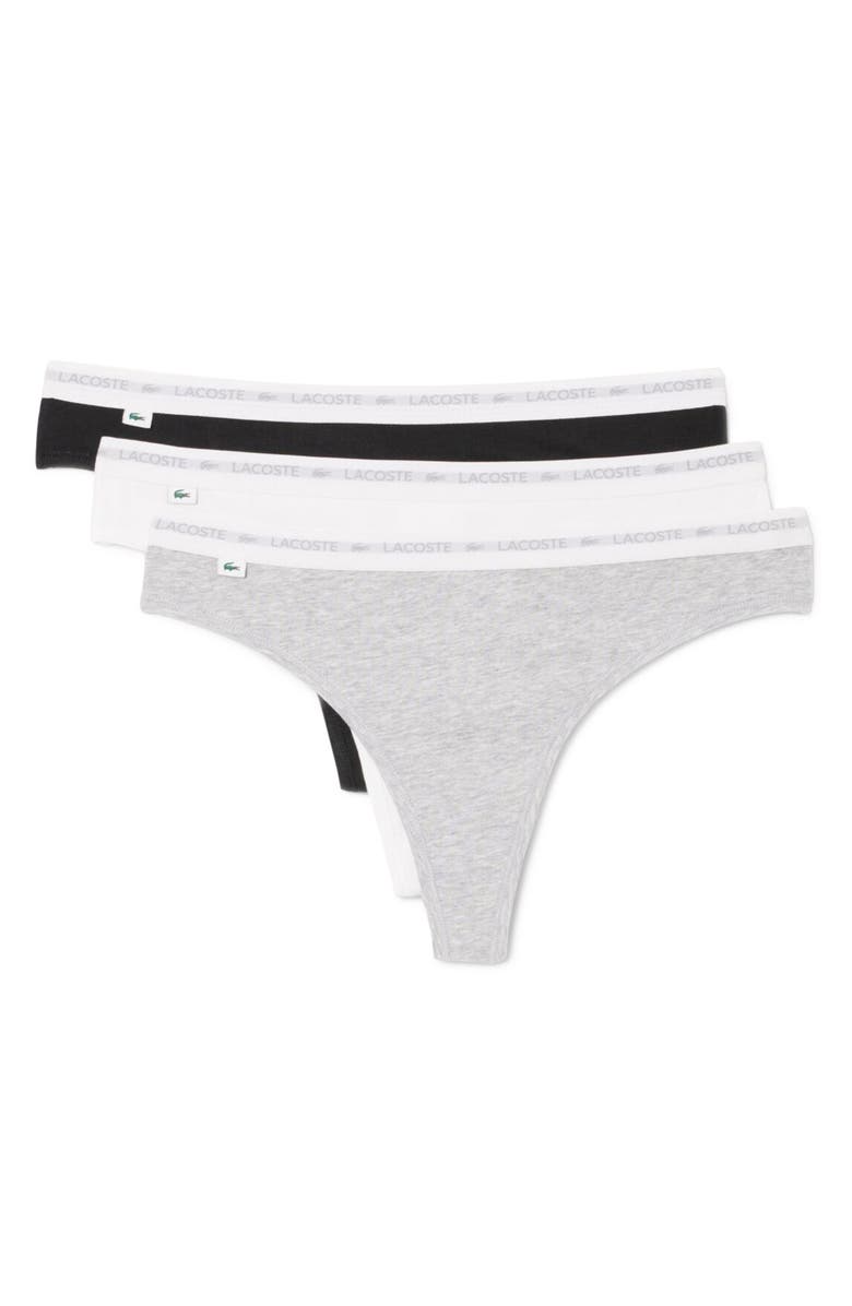 Lacoste 3-Pack Stretch Cotton Thongs, Main, color, Black/ White/ Silver Chine
