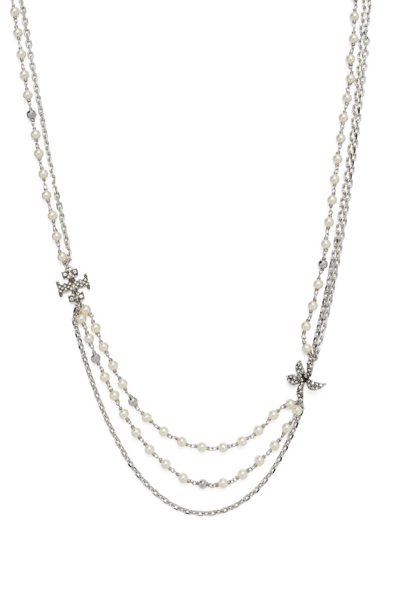 Tory Burch Moondance Layered Necklace, Alternate, color, Tory Silver / Pearl / Crystal