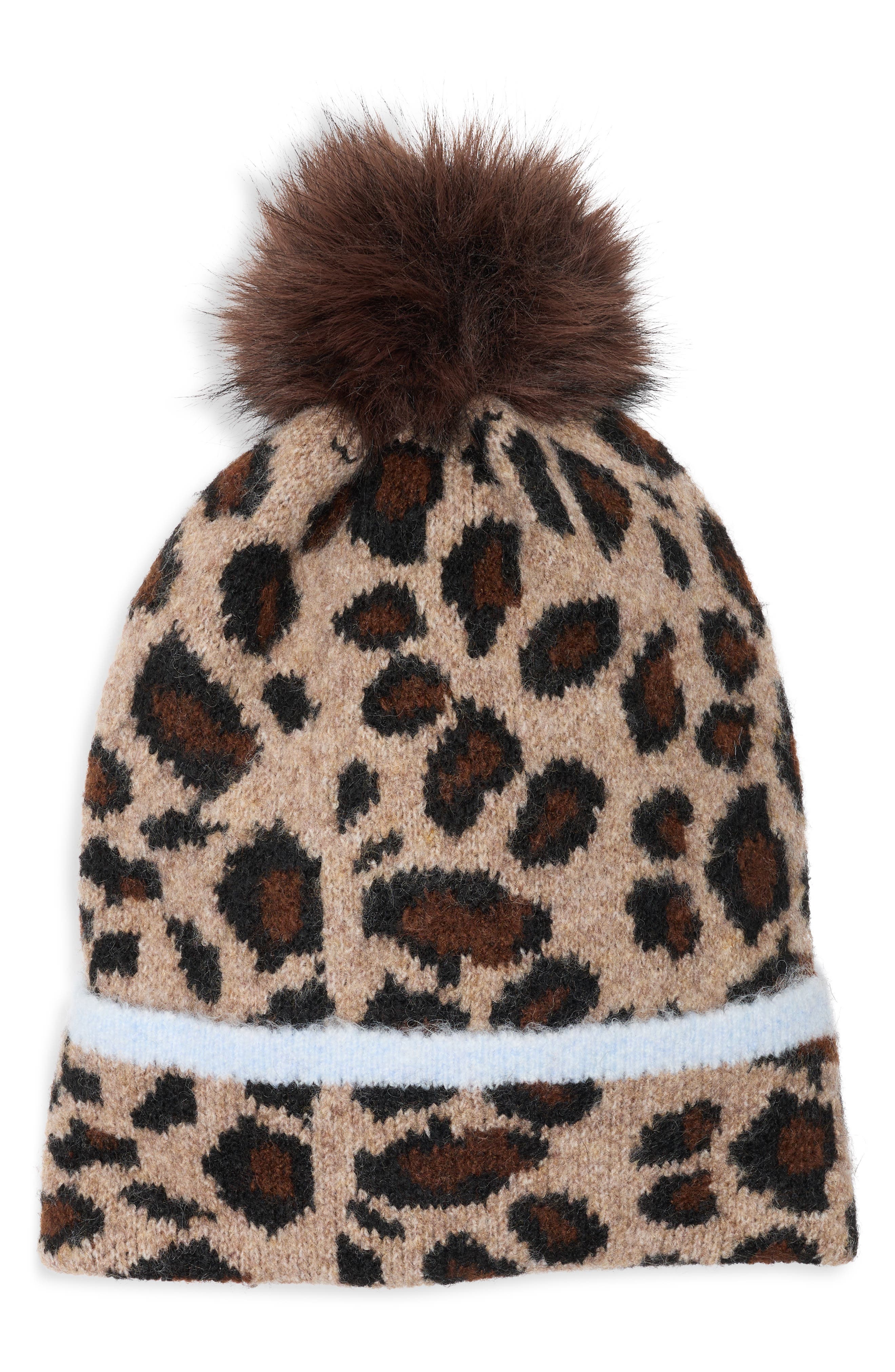 Bcbg Leopard Beanie With Faux Fur Pompom In Natural