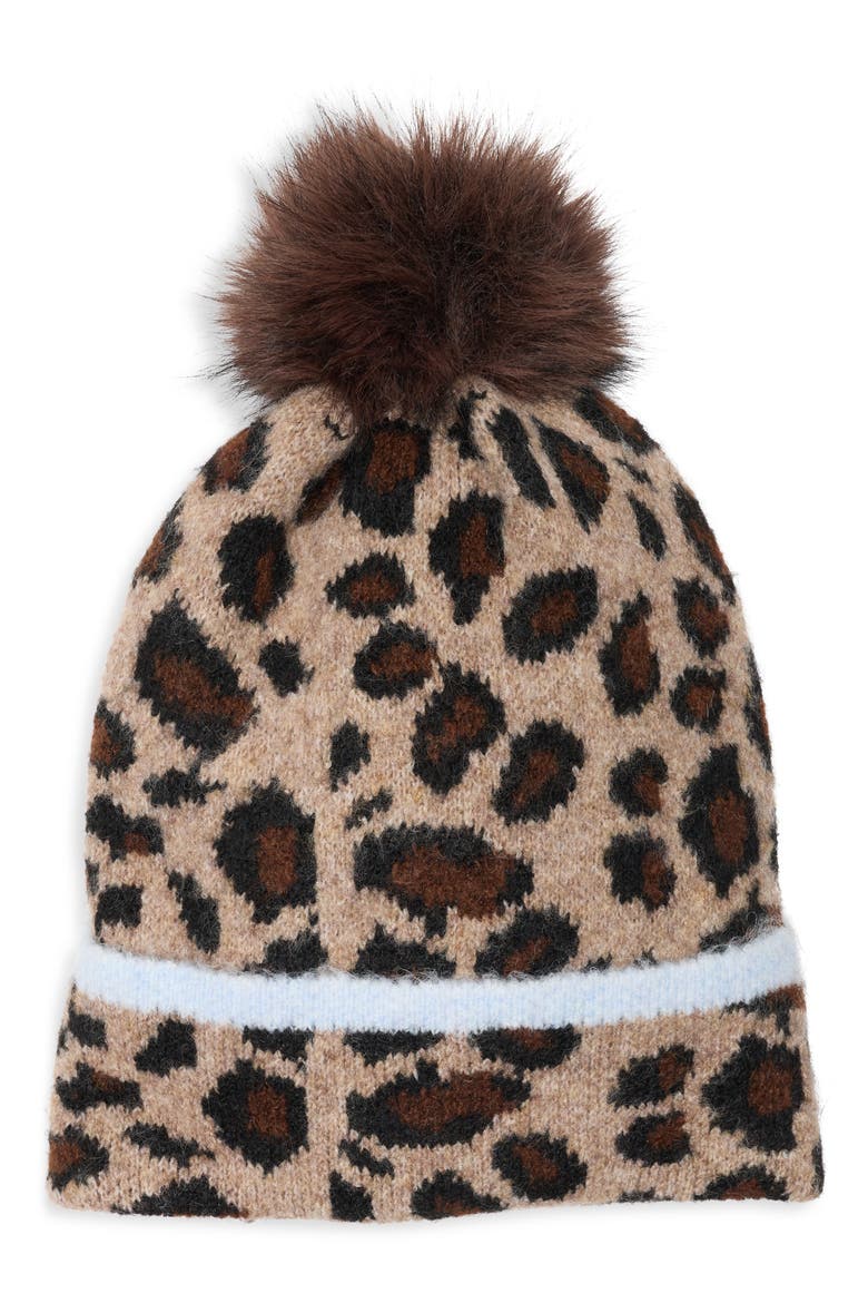 Leopard Beanie with Faux Fur Pompom, Main, color, NATURAL