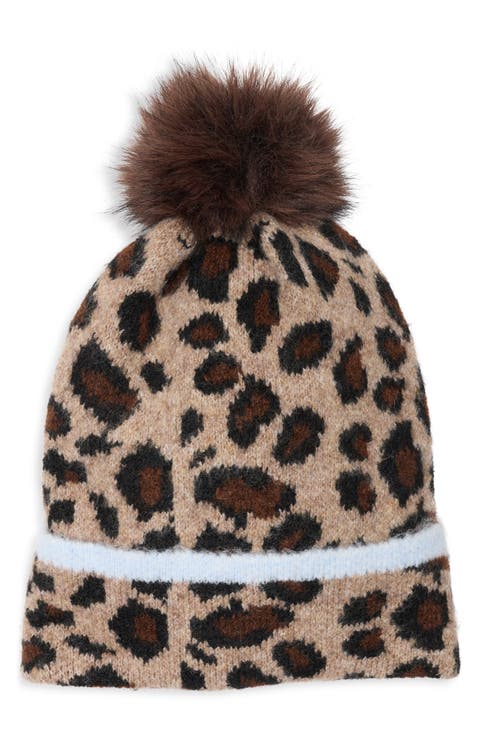 Leopard Beanie with Faux Fur Pompom