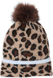 BCBG Leopard Beanie with Faux Fur Pompom