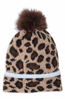 Leopard Beanie with Faux Fur Pompom