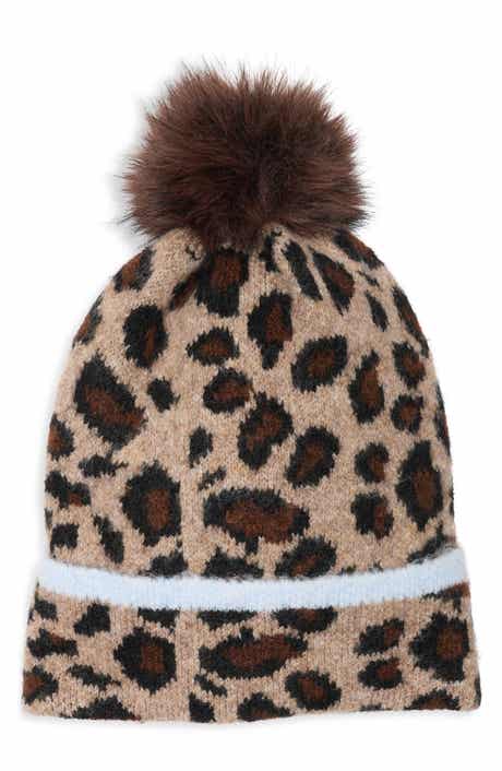 Leopard Beanie with Faux Fur Pompom