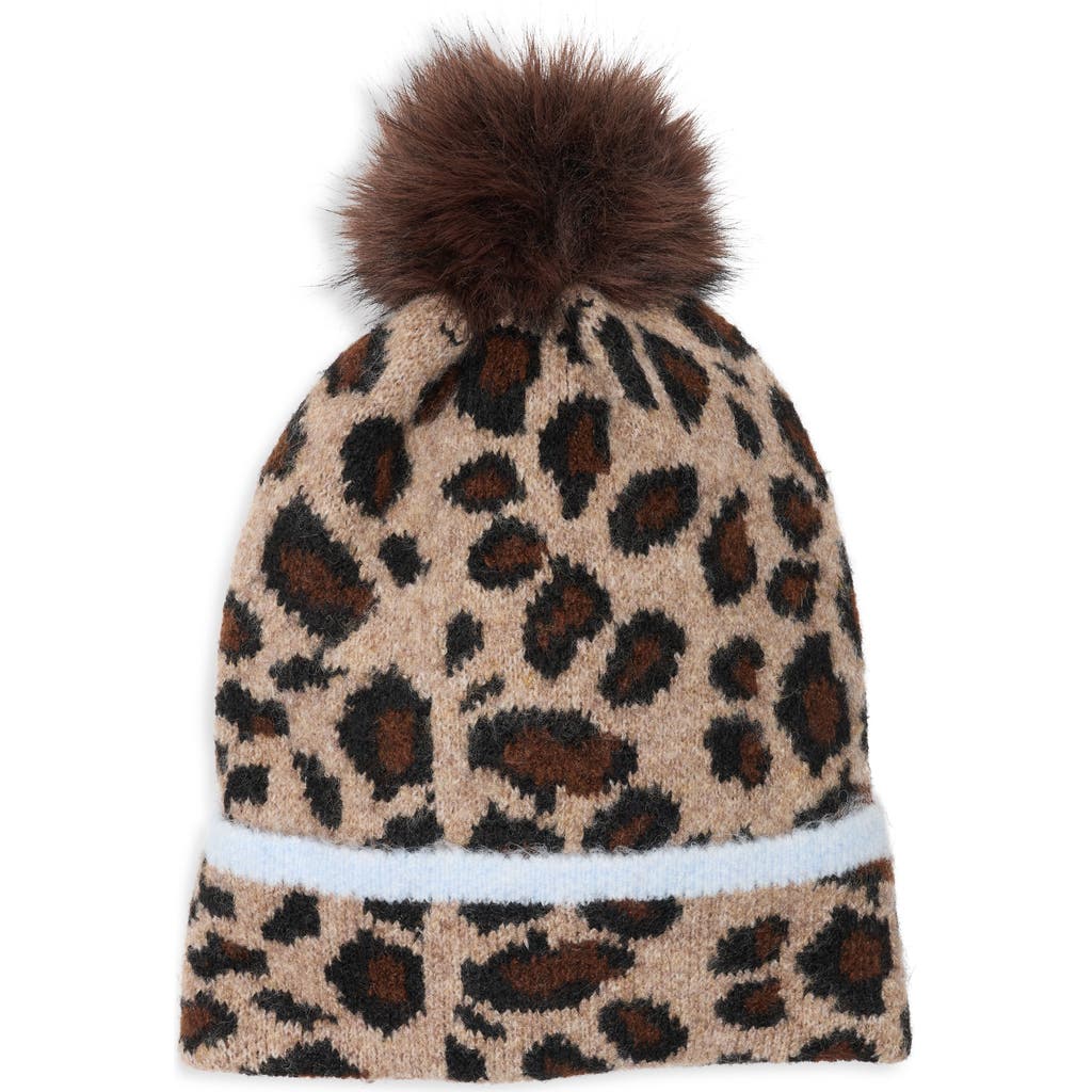 Bcbg Leopard Beanie With Faux Fur Pompom In Natural