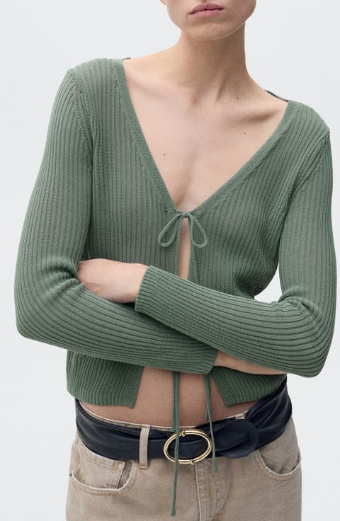 Rib Tie Front Cotton Blend Cardigan