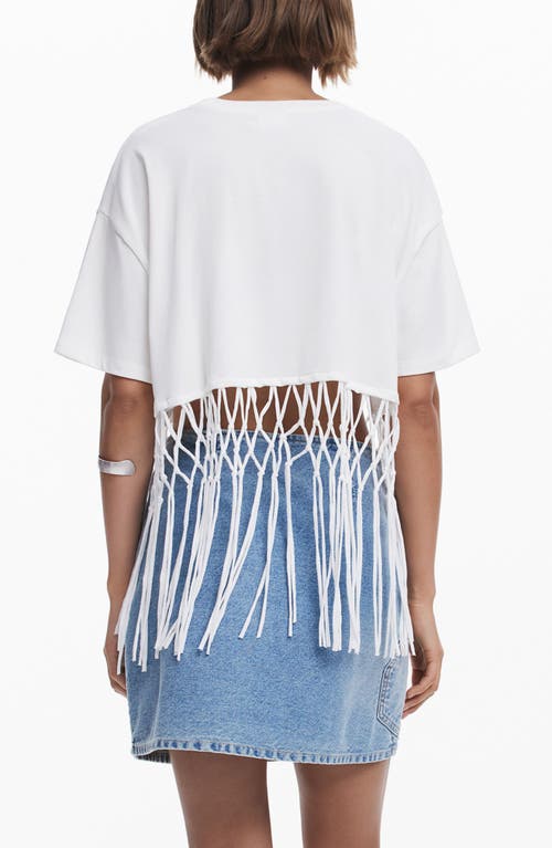 Desigual Braided Fringe Crop Graphic T-shirt In White Multi