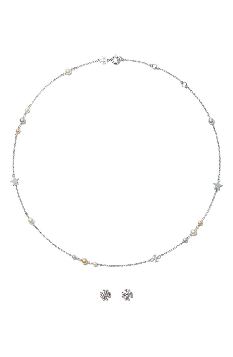 Tory Burch Kira Necklace & Earrings Set, Main, color, Tory Silver / Pearl / Crystal