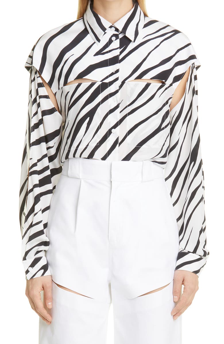 Et Ochs Kennedy Zebra Print Cutout Silk Button-Up Shirt, Main, color, 
