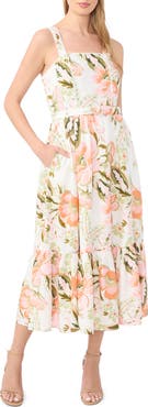 CeCe Floral Print Smocked Back Sleeveless Midi Dress