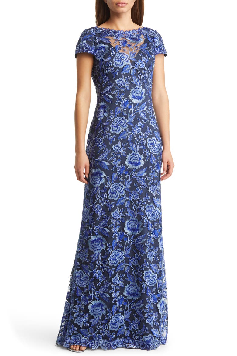 Embroidered Lace Evening Gown, Main, color, BLUE VIOLET/ NAVY