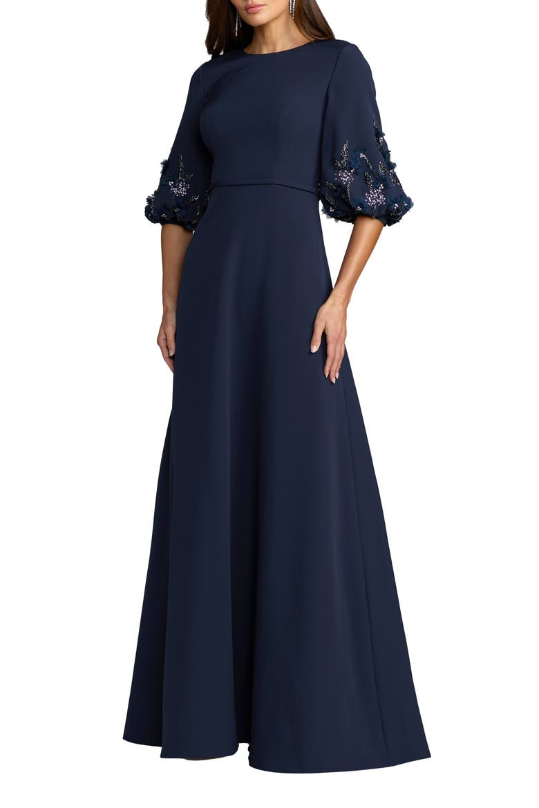 Beaded Crepe Bishop Sleeve A Line Gown, Main, color, Midnight Multi