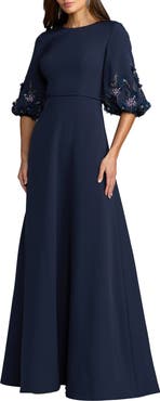 Mac Duggal Beaded Crepe Bishop Sleeve A Line Gown
