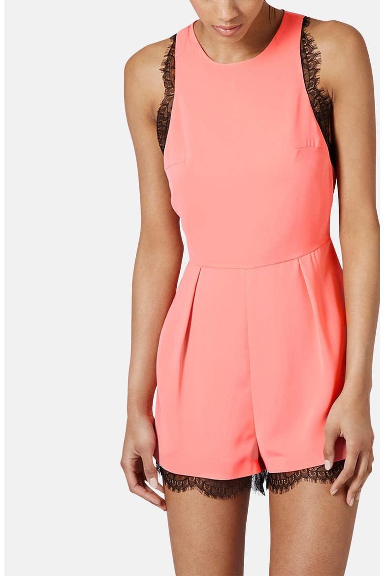 Lace Trim Romper, Main, color, PINK