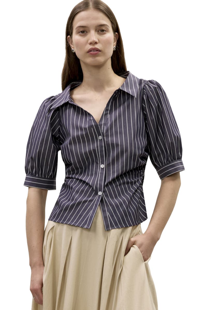 Rebecca Taylor Isla Stripe Poplin Shirt, Main, color, Navy Stripe