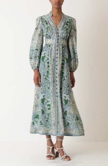 Zimmermann Ottie Paisley Long Sleeve Linen Midi Dress