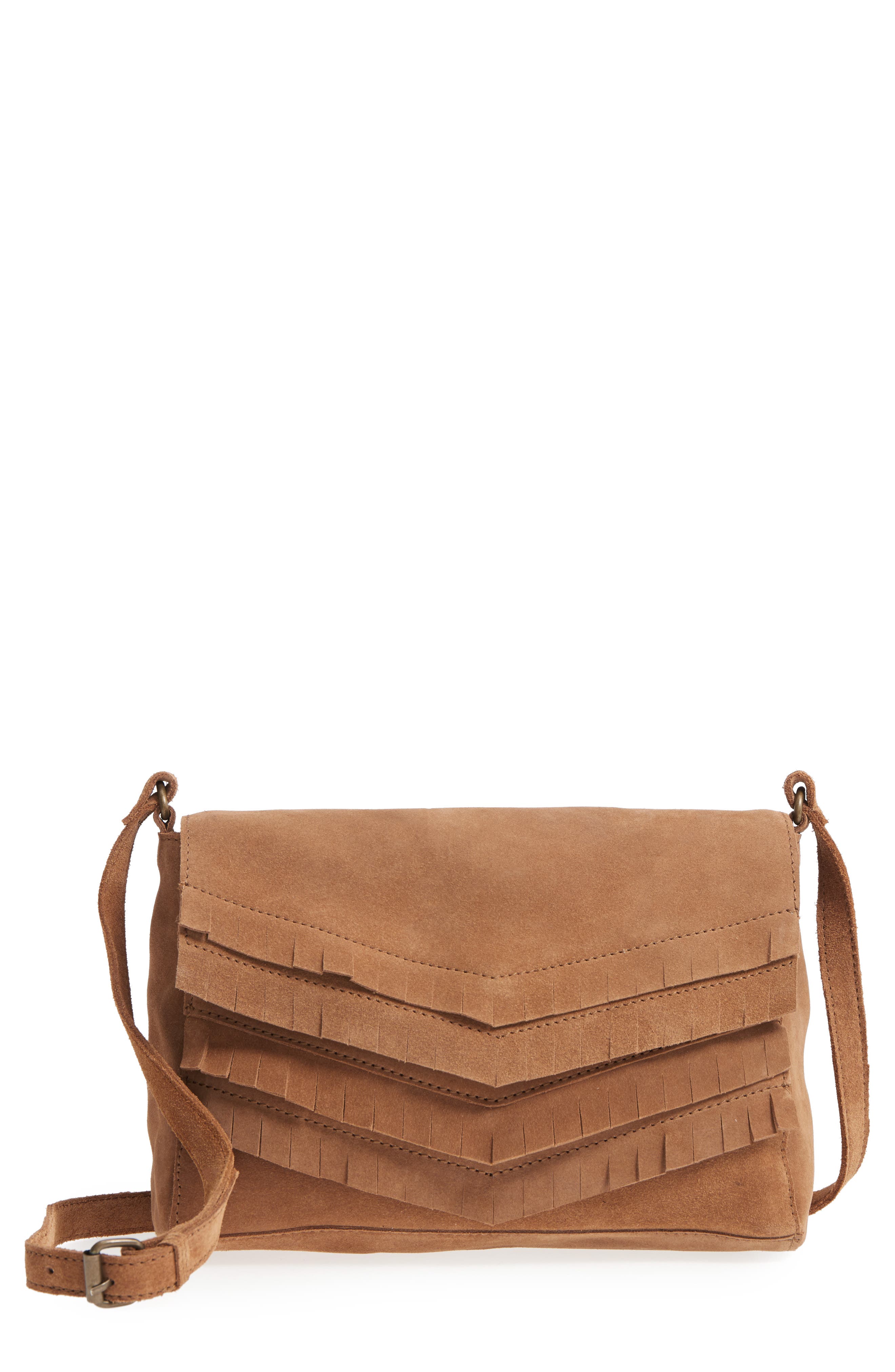 Ten79LA Chevron Fringe Suede Crossbody Bag, Main, color, 