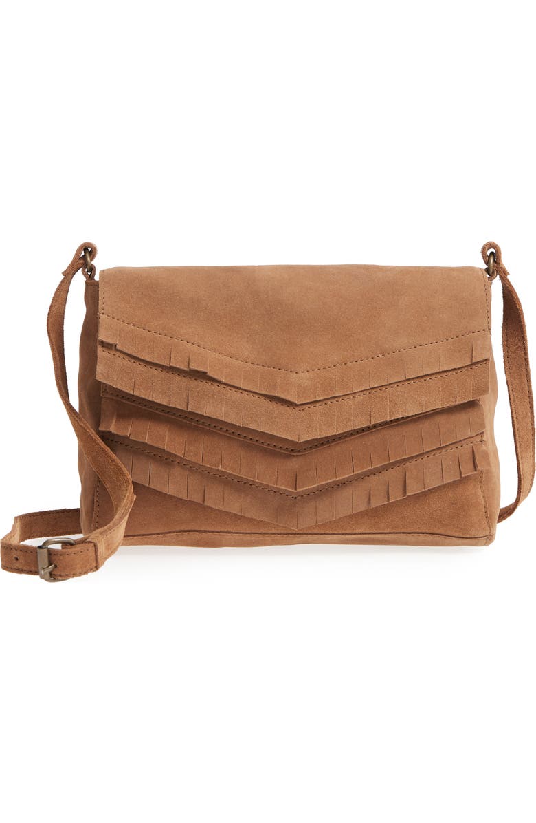 Ten79LA Chevron Fringe Suede Crossbody Bag, Main, color,