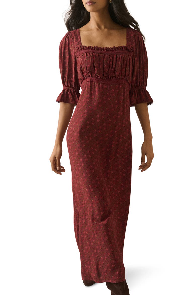 Winslet Bell Sleeve Midi Dress, Alternate, color, DARK RED