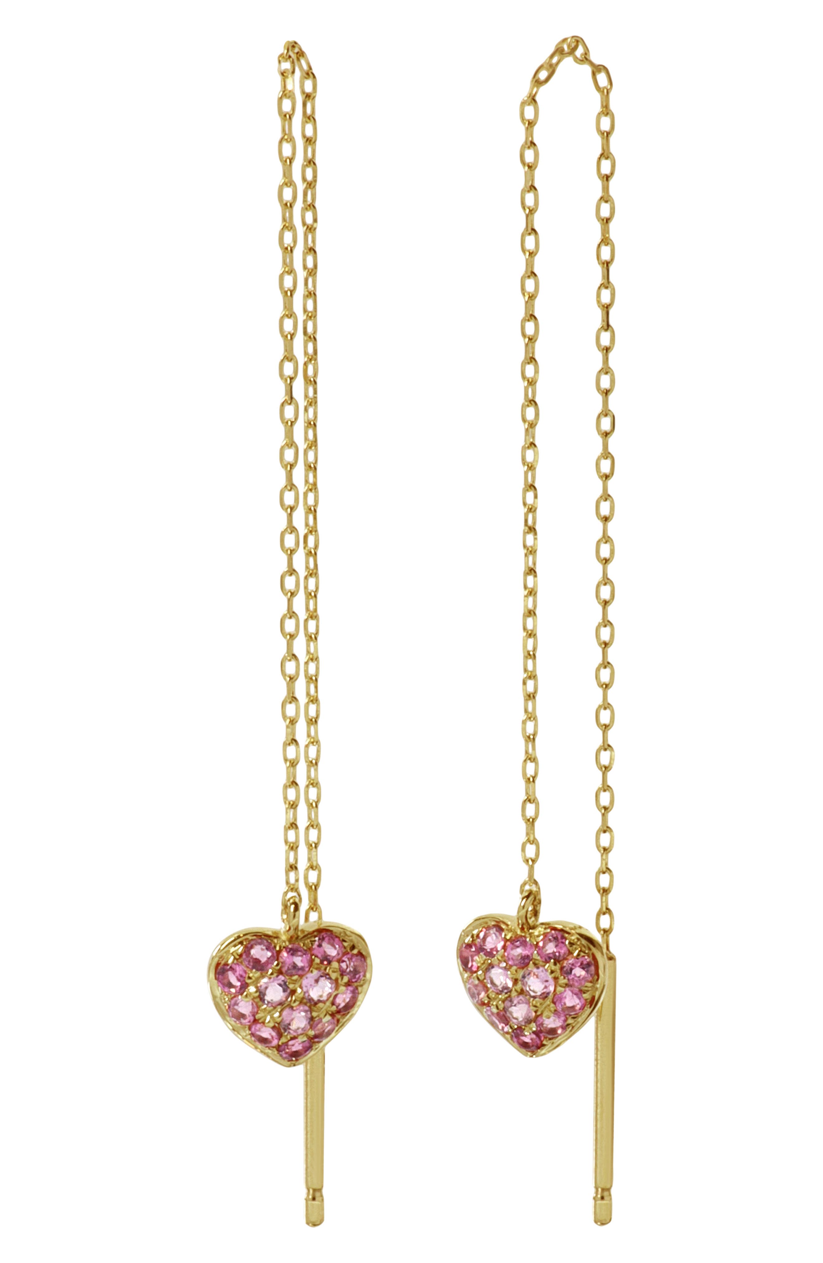 14K Yellow Gold Pink Tourmaline Heart Drop Threader Earrings