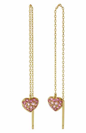 14K Yellow Gold Pink Tourmaline Heart Drop Threader Earrings