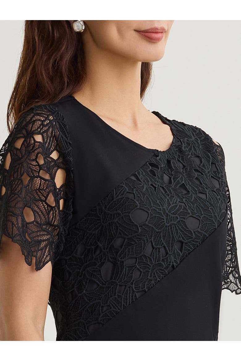 Fit & Flare Lined Laced Mixed Media Midi Dress, Alternate, color, Black
