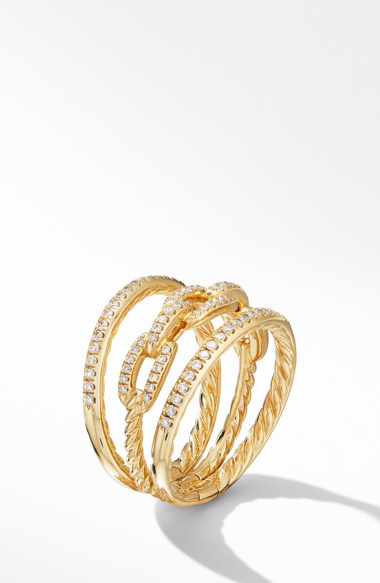 David Yurman Stax Three-Row Chain Link Ring in 18K Yellow Gold and Diamonds, Alternate, color, 