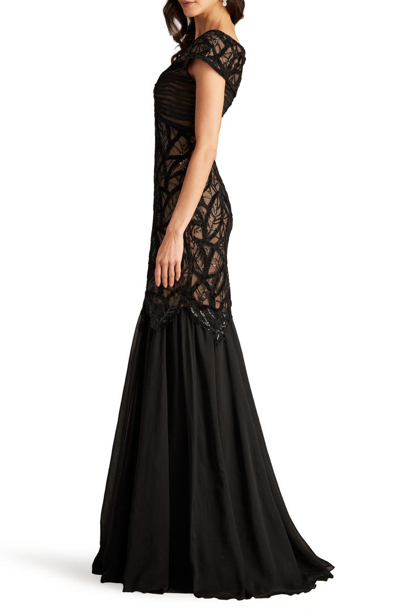 Tadashi Shoji Sequin Leaf Detail Trumpet Gown, Alternate, color,
