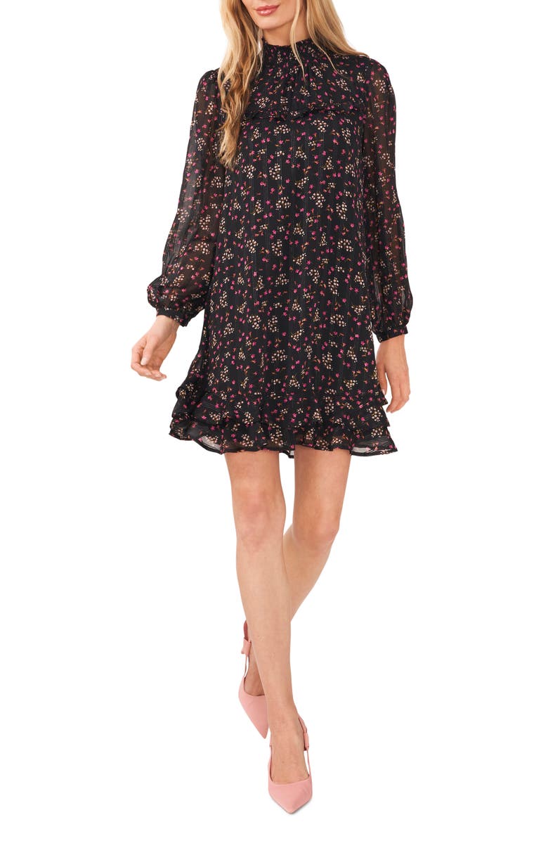 CeCe Floral Print Smocked Neck Long Sleeve Minidress, Main, color, 