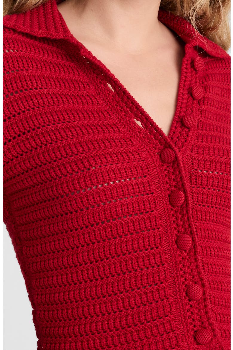 Pointelle Knit Peplum Cotton Cardigan, Alternate, color, CRIMSON